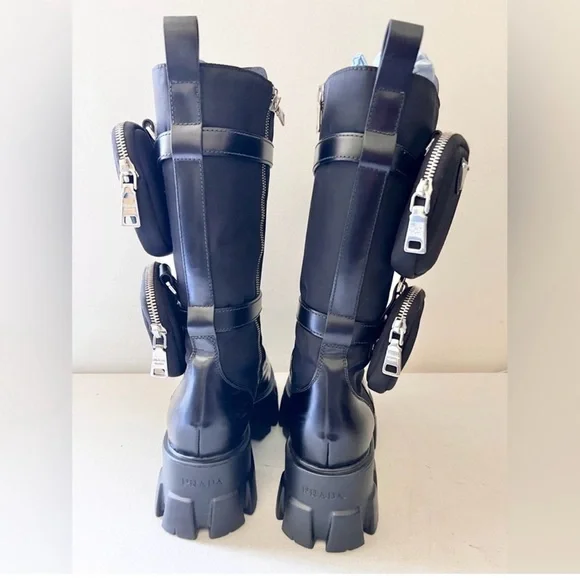 Prada Monolith Black Leather Combat Boots With Removable Pouches Tall Boot Sz 37 - Picture 9 of 12